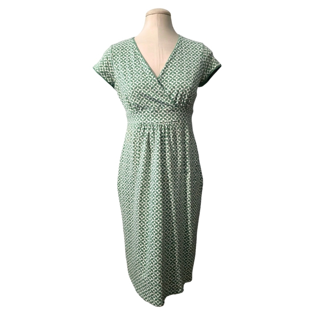 Boden Lola Jersey Knit Faux Wrap Dress Geo Pinwheel Print Green V-Neck Size 4 - Picture 2 of 5